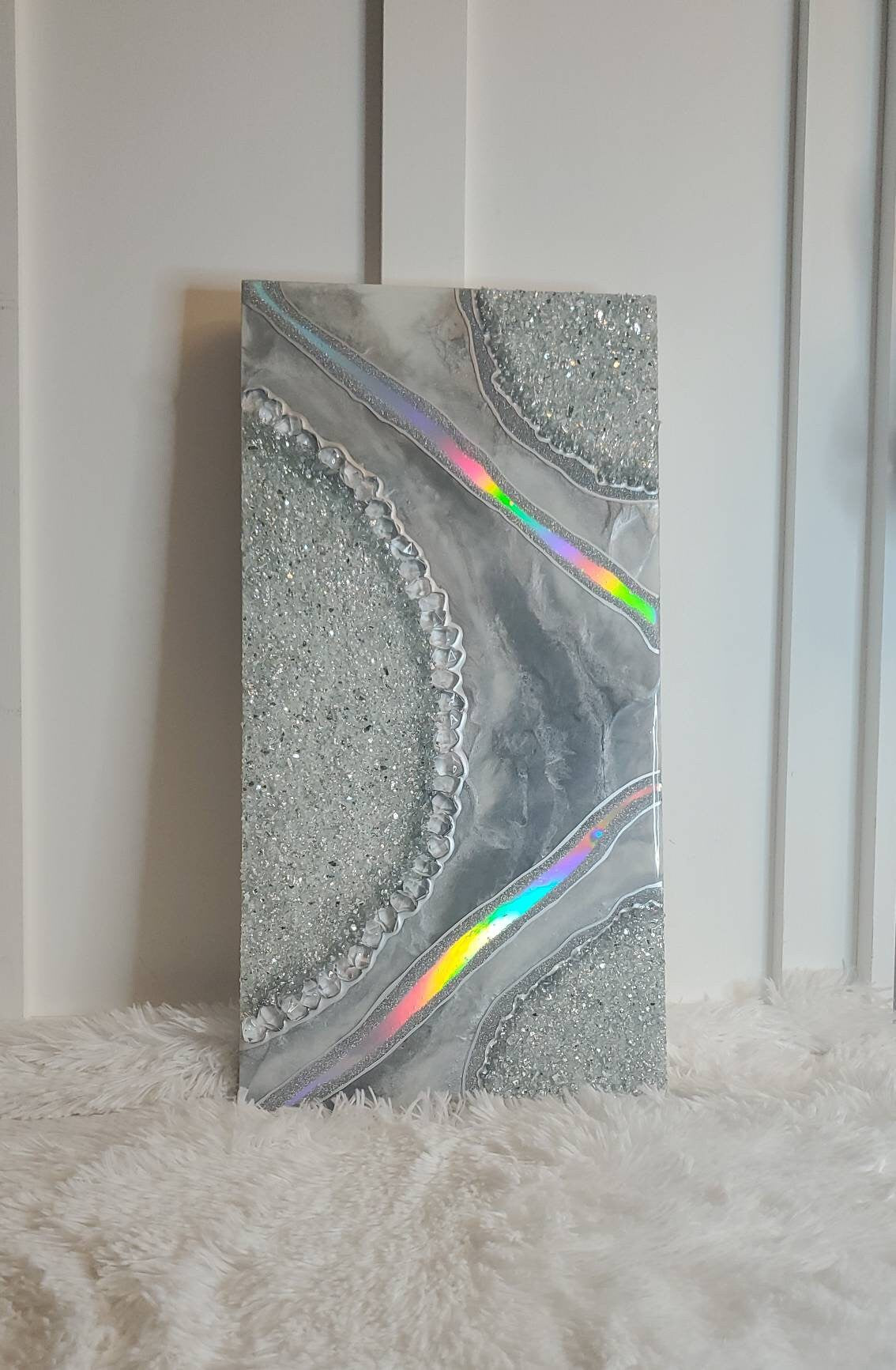 Holographic Silver and Grey Geode Wall Art Panel | Luxury  Wall Art | Unique Wall Decor | 12x24 READY TO SHIP | Multiple Sizes Made to Order