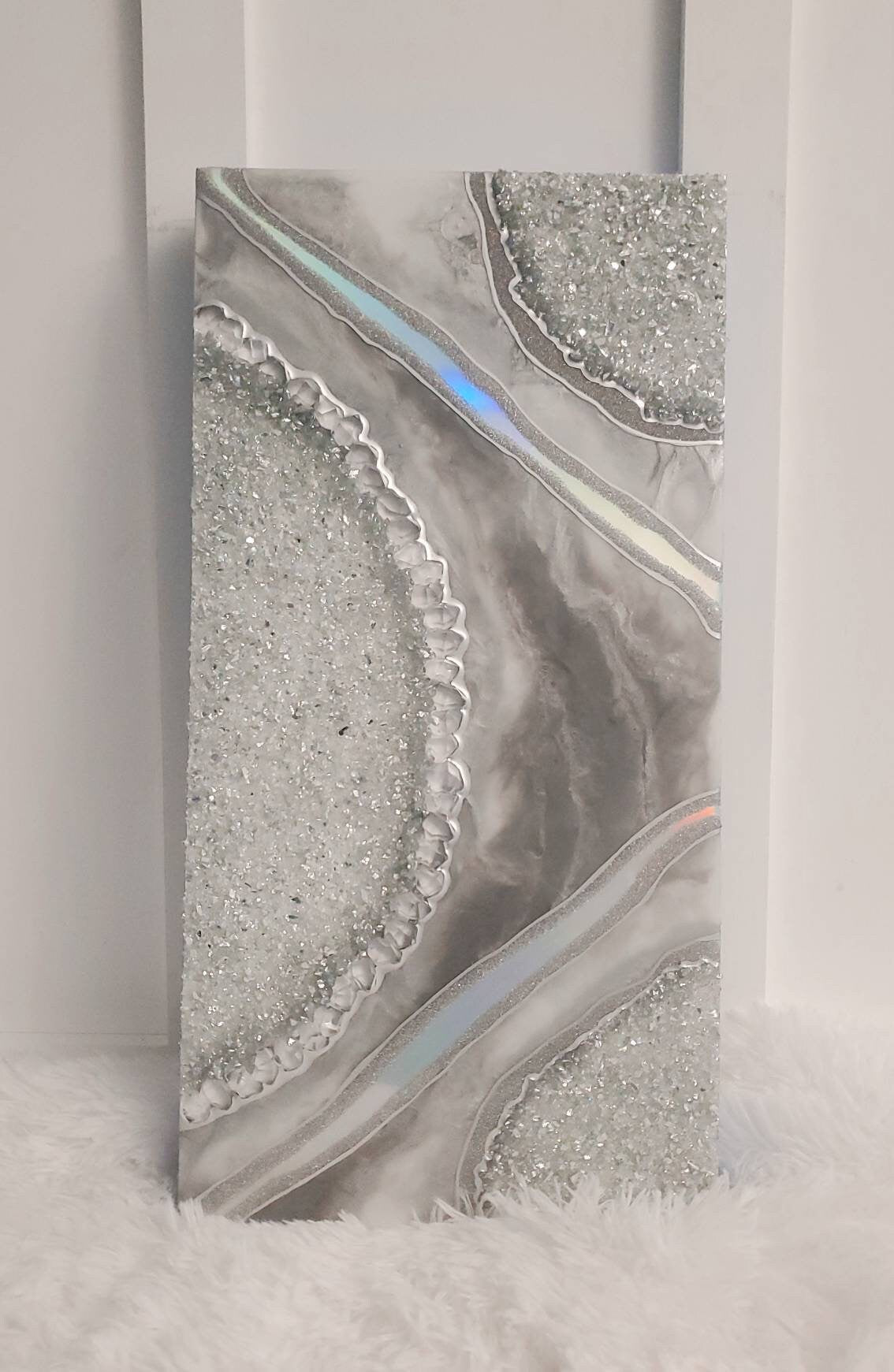 Holographic Silver and Grey Geode Wall Art Panel | Luxury  Wall Art | Unique Wall Decor | 12x24 READY TO SHIP | Multiple Sizes Made to Order