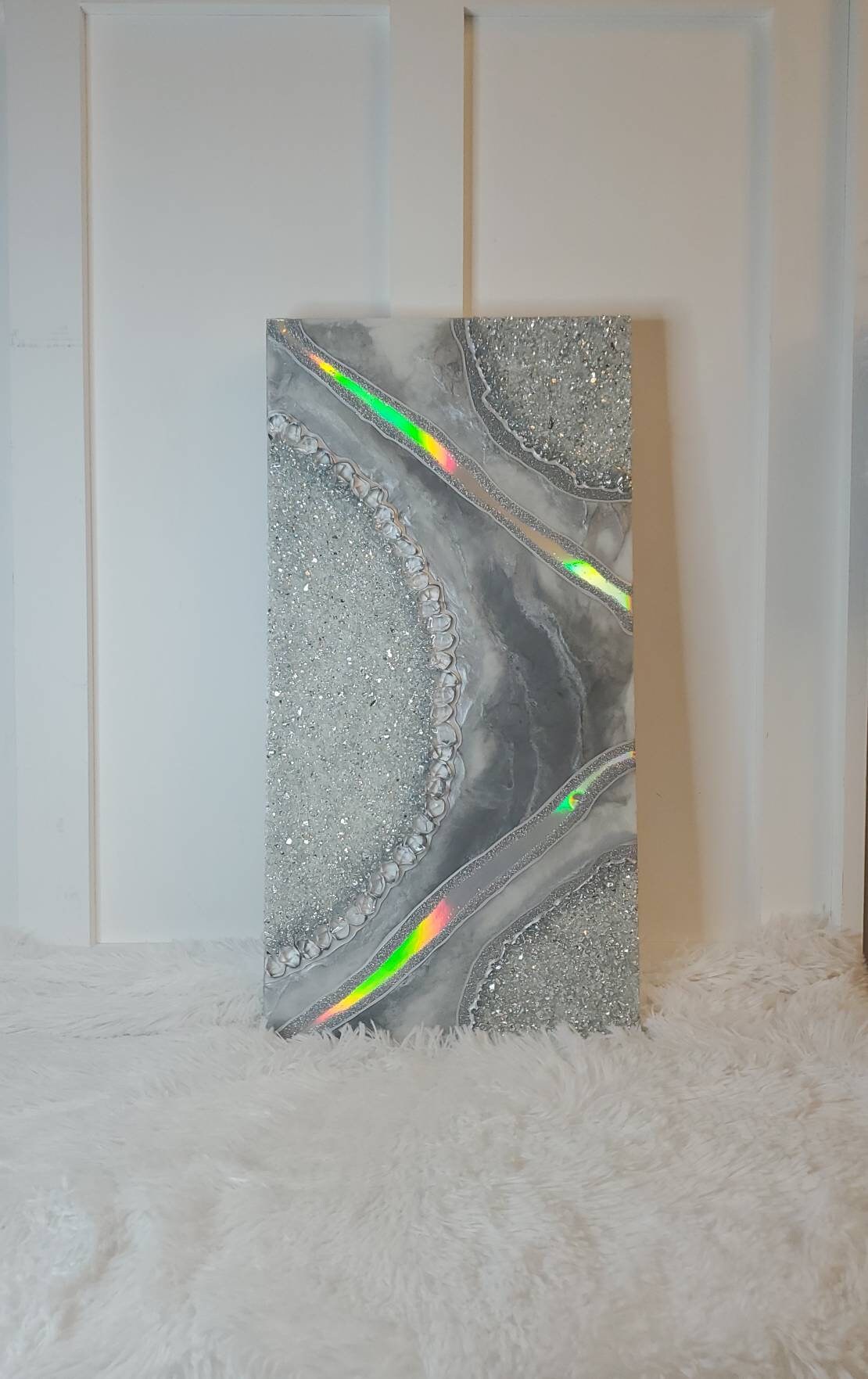 Holographic Silver and Grey Geode Wall Art Panel | Luxury  Wall Art | Unique Wall Decor | 12x24 READY TO SHIP | Multiple Sizes Made to Order