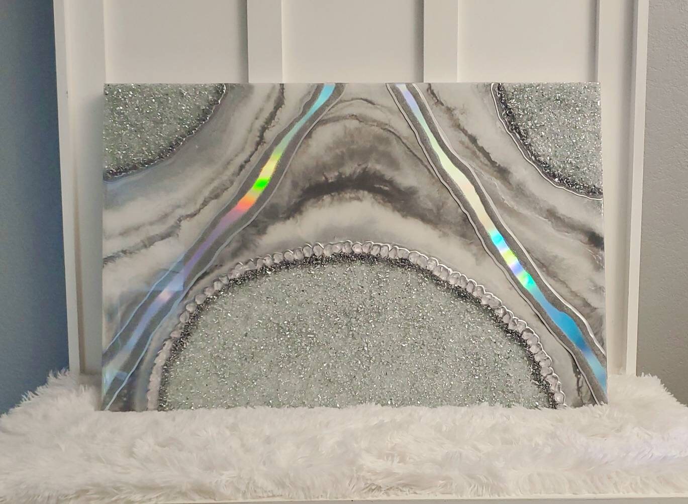 Holographic Silver and Grey Geode Wall Art Panel | Luxury  Wall Art | Unique Wall Decor | 12x24 READY TO SHIP | Multiple Sizes Made to Order