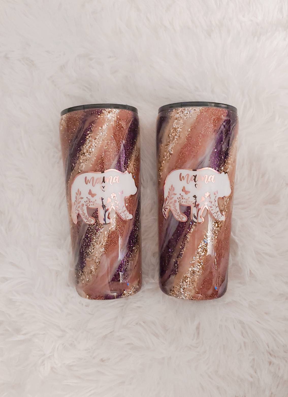 Rose Gold & Burgundy Mama Bear Milkyway Glitter Tumbler