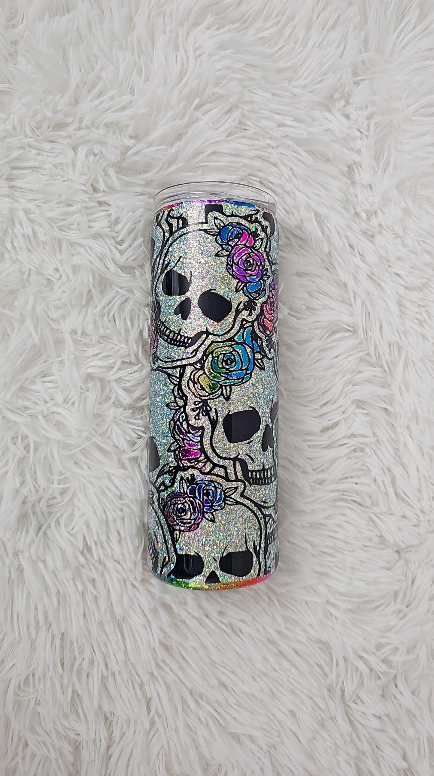 Rainbow Skull Skinny Tumbler | Glitter Skull Skinny Tumbler | Floral Skull Tumbler with Straw | Colorful Gothic Tumbler | Sparkly Skull Cup