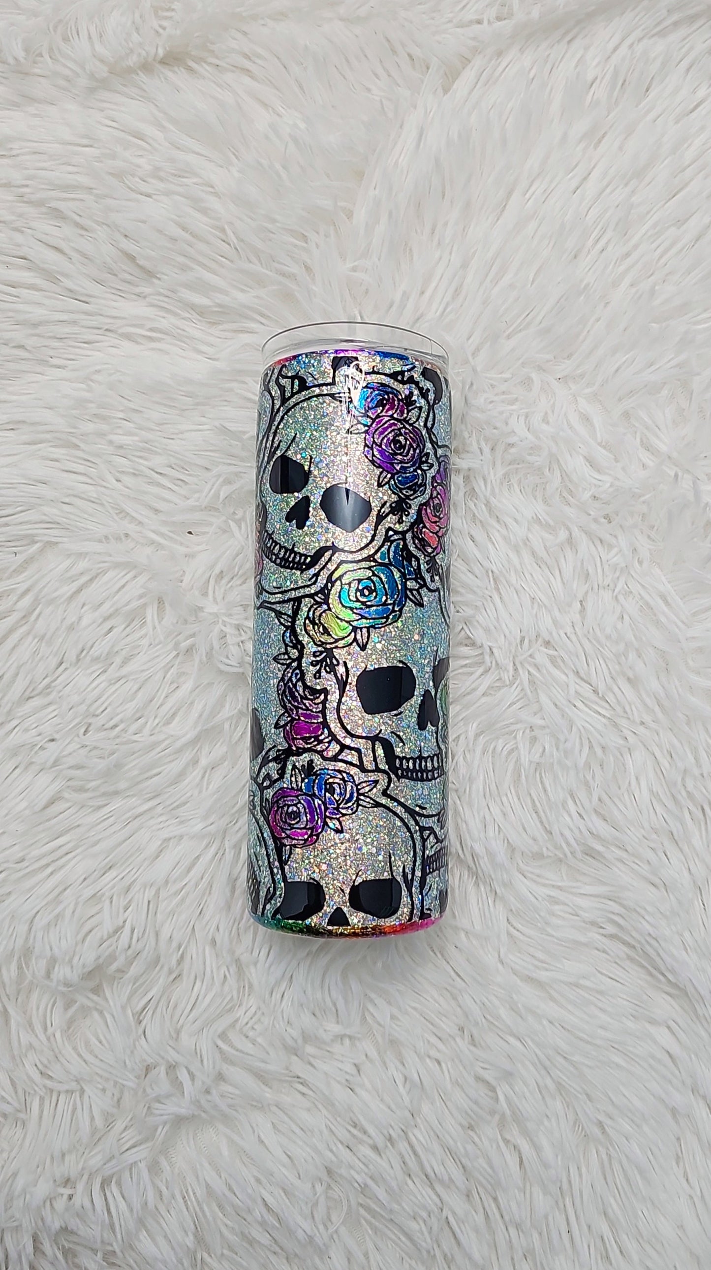 Rainbow Skull Skinny Tumbler | Glitter Skull Skinny Tumbler | Floral Skull Tumbler with Straw | Colorful Gothic Tumbler | Sparkly Skull Cup