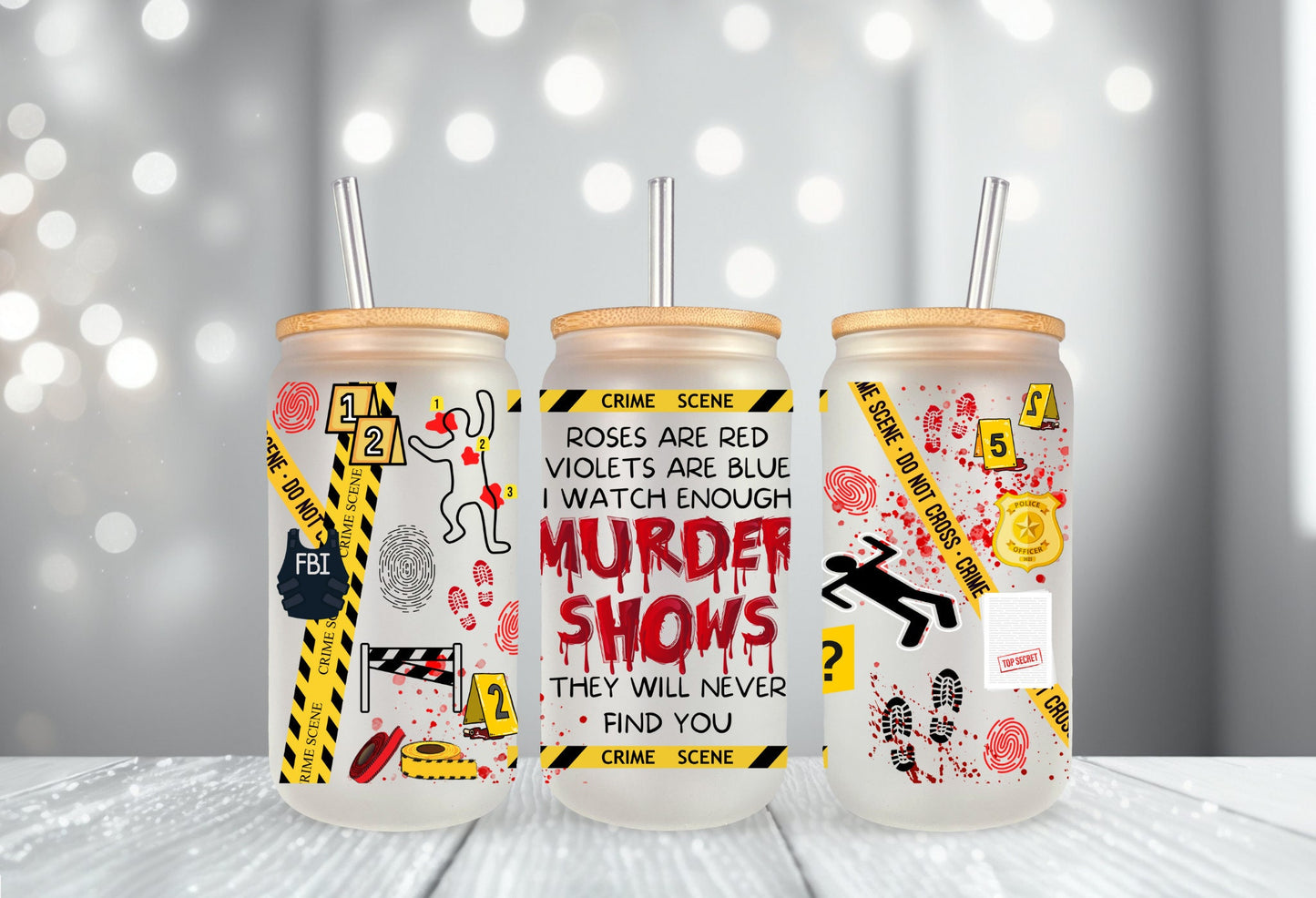 Murder Show Glass Tumbler | Blood stain Tumbler | 16oz glass can tumbler with straw | Iced coffee cup | Crime Tumbler