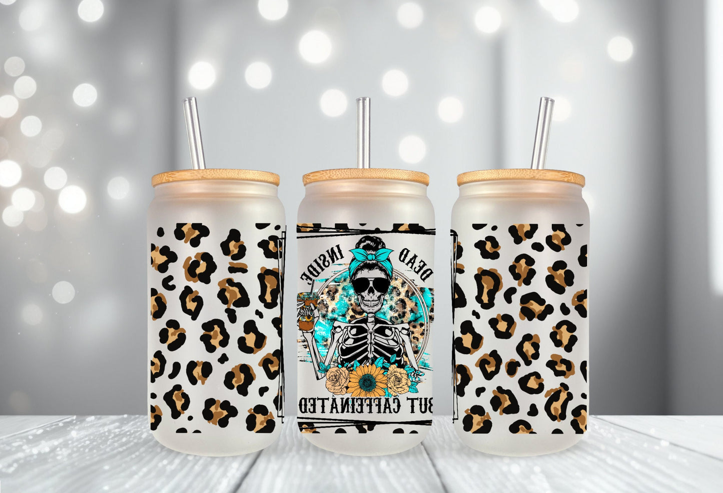 Dead Inside But Caffeinated Tumbler with Lid and Straw | Dead Inside Glass Can 16oz | Skeleton Tumbler | Glass Coffee Cup | Iced Coffee Cup