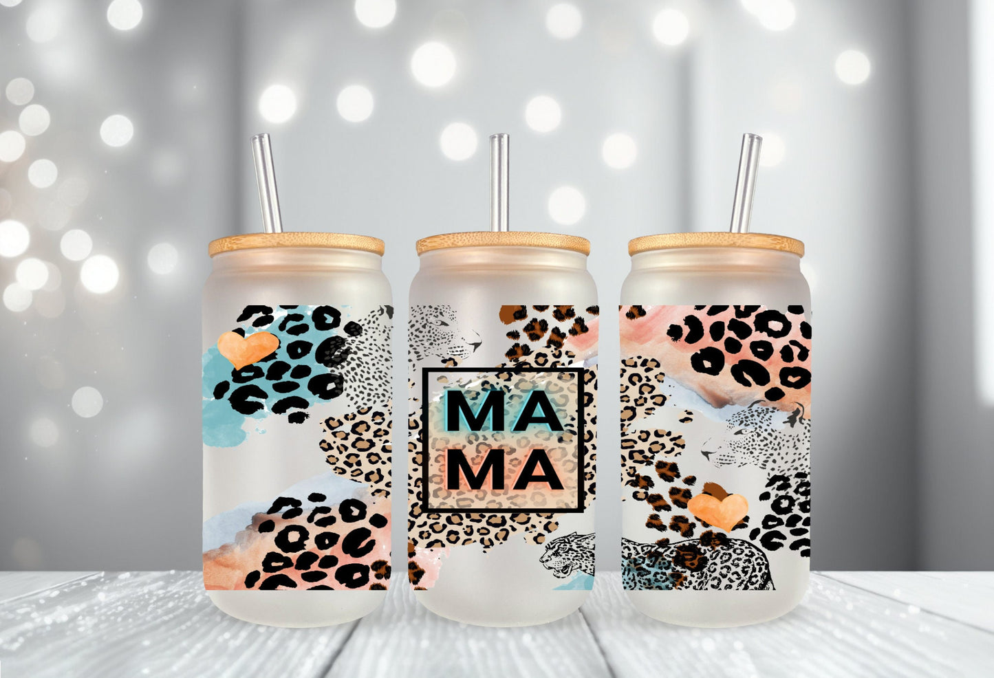 Mama Glass Tumbler with Lid and Straw | Mama Leopard Glass Can 16oz | Mama Tumbler | Mama Glass Tumbler | Glass Coffee Cup | Iced Coffee Cup