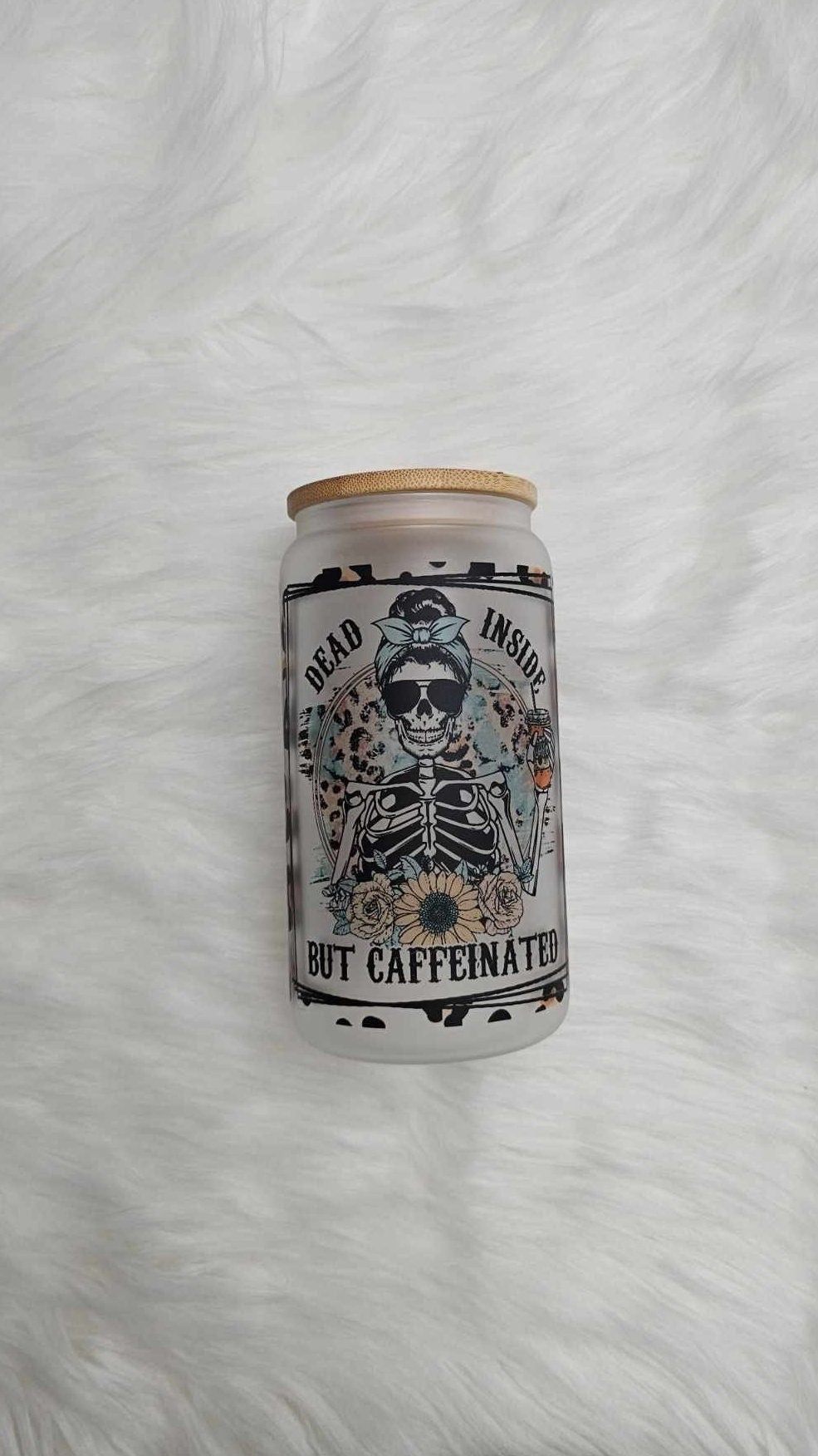 Dead Inside But Caffeinated Tumbler with Lid and Straw | Dead Inside Glass Can 16oz | Skeleton Tumbler | Glass Coffee Cup | Iced Coffee Cup