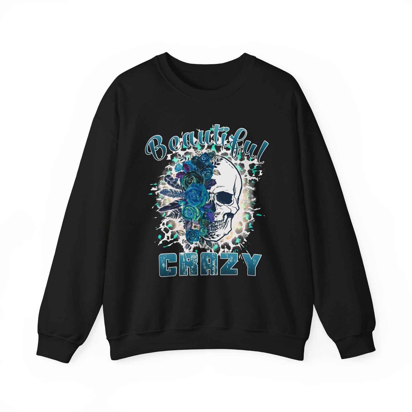 Beautiful Crazy Crewneck Sweatshirt | Turquoise Floral Skull Sweatshirt | Skull Sweatshirt | Beautiful Crazy | Floral Skull