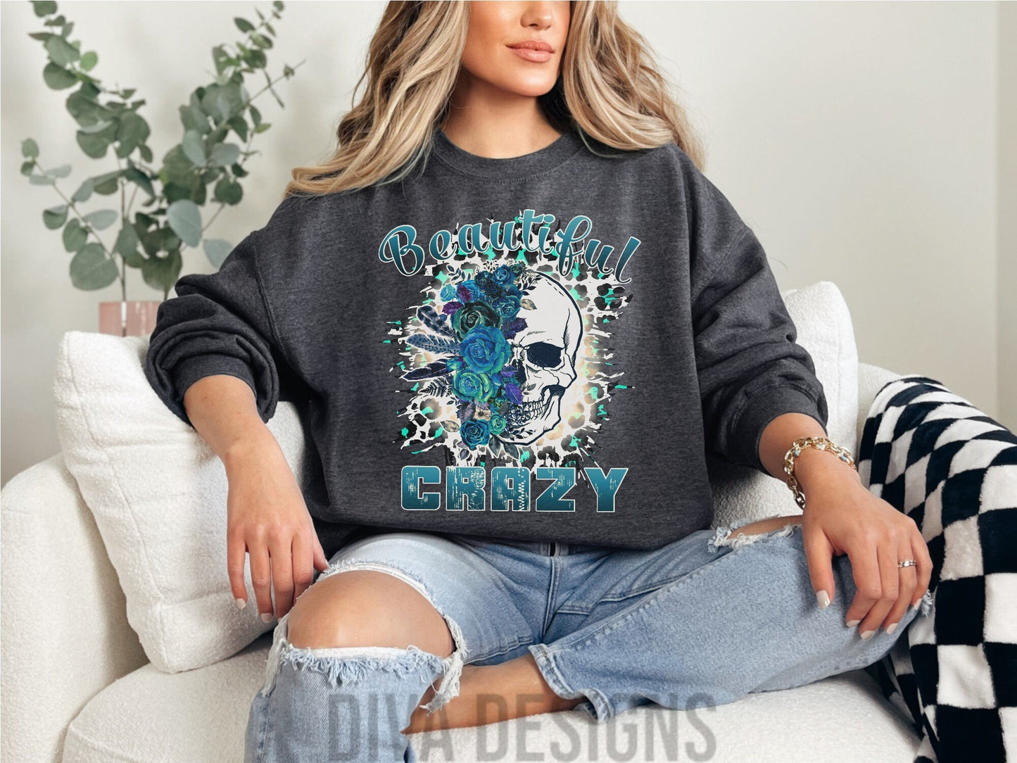 Beautiful Crazy Crewneck Sweatshirt | Turquoise Floral Skull Sweatshirt | Skull Sweatshirt | Beautiful Crazy | Floral Skull