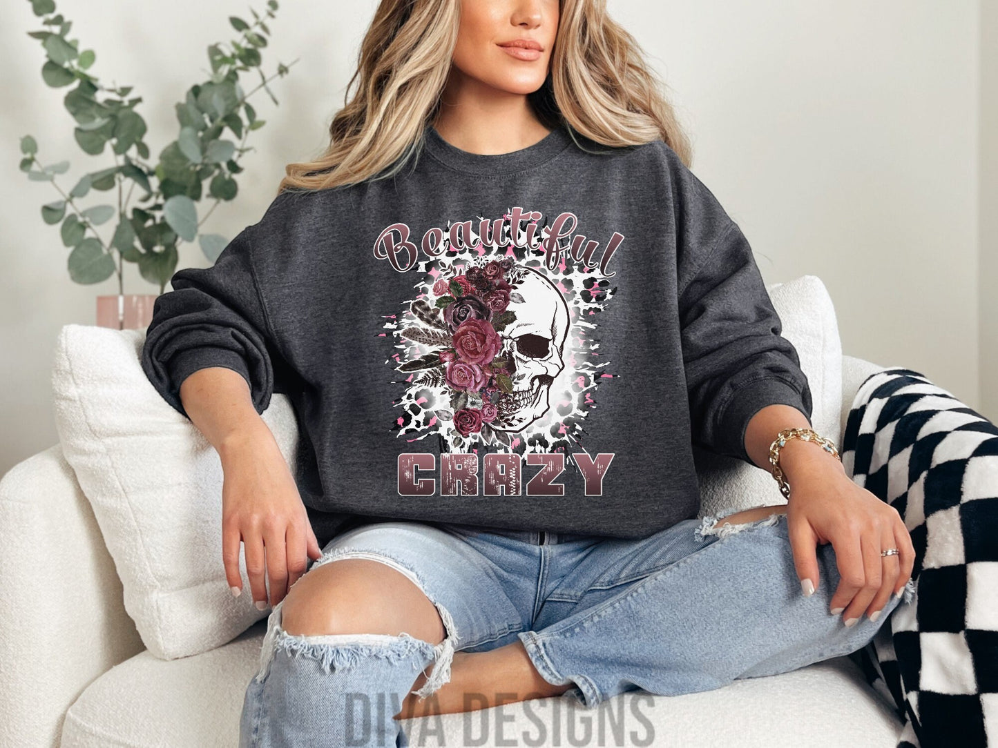 Beautiful Crazy Crewneck Sweatshirt | Burgundy Floral Skull Sweatshirt | Skull Sweatshirt | Beautiful Crazy | Floral Skull