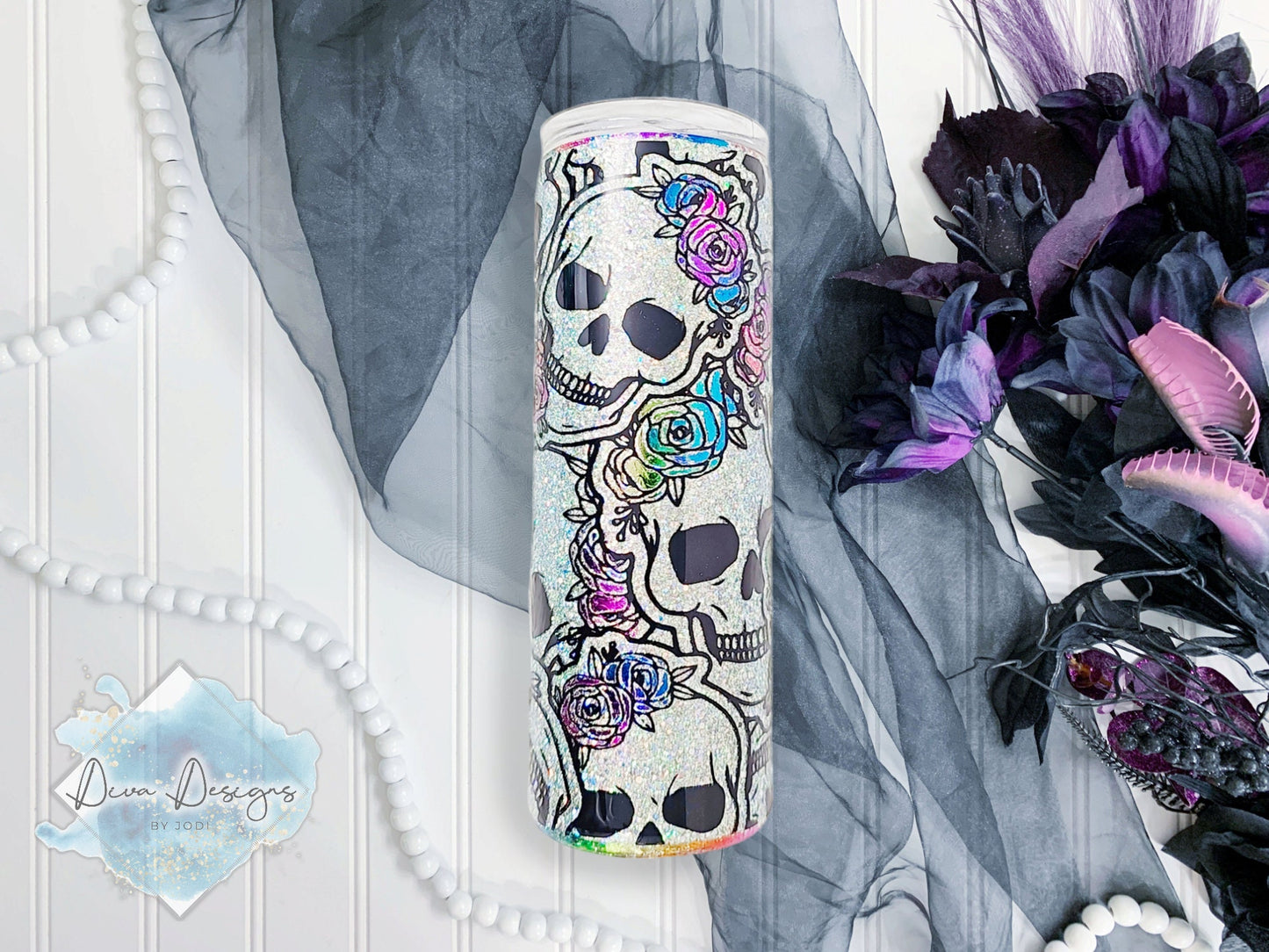 Rainbow Skull Skinny Tumbler | Glitter Skull Skinny Tumbler | Floral Skull Tumbler with Straw | Colorful Gothic Tumbler | Sparkly Skull Cup