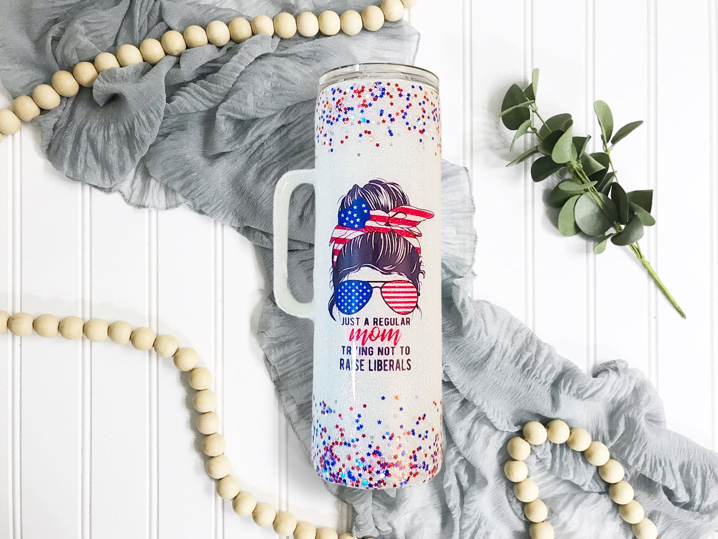 Ready To Ship***Just a Mom Trying Not To Raise Liberals Glitter Tumbler | Red White & Blue Glitter Tumbler | Patriotic Glitter Tumbler