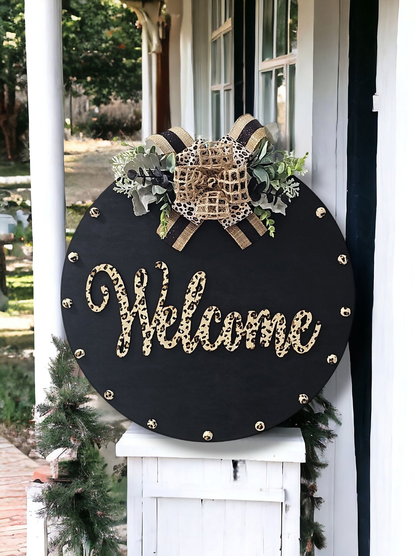 Wood Welcome Door Hanger | Handcrafted Leopard Welcome Door Sign | Porch Sign | Front Door Sign | Wedding Gift | Engagement Gift