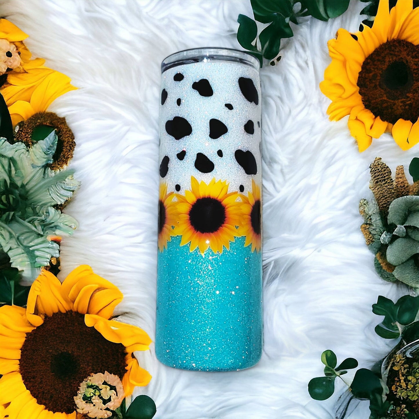 Sunflower Cow Print Glitter Tumbler | Sunflower Tumbler |Glitter Tumbler | Cow Print Tumbler | Custom Tumbler