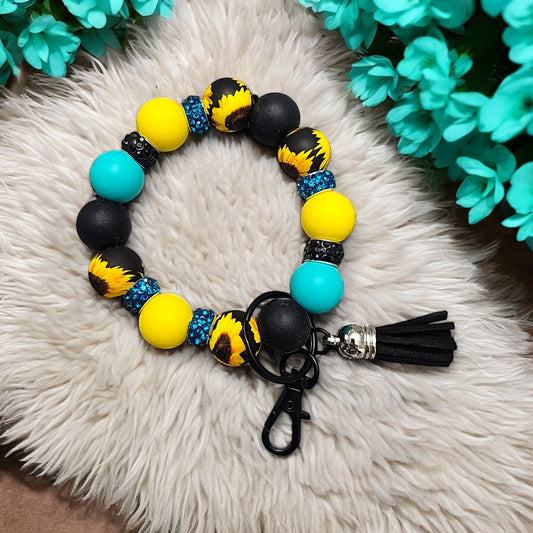 Silicone Beaded Wristlet Keychain | Sunflower Wristlet | Beaded Wristlet | Turquoise and Sunflower Wristlet | Keychain